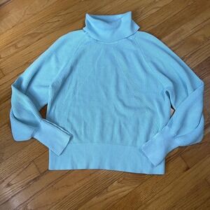White + Warren Sweater Womens Medium Blue Turtleneck Button Cuff Ribbed Pullover